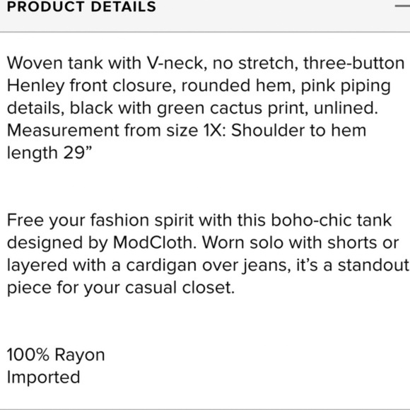 Modcloth 4X- Tank Top Cafe Soleil Cactus Tank Top V-Neck Henley Plus Size (26W) - Picture 5 of 5